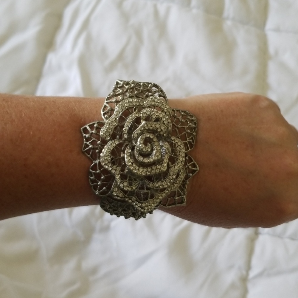 Silver rose cuff bracelet